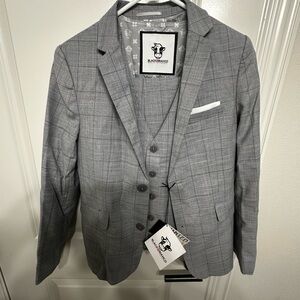 Boys Gray Windowpane Three-Piece Suit